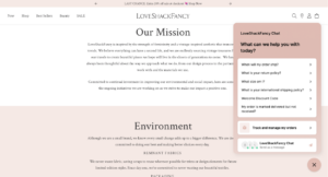 LoveShackFancy's site showing they have embraced international trends: sustainability values and high-level chatbots.